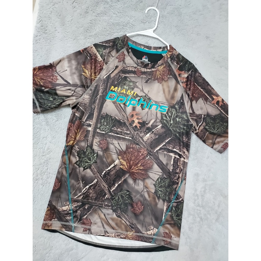 Miami Dolphins Shirt Mens Medium Majestic Cool Base NFL Camo Tree Print Brown
